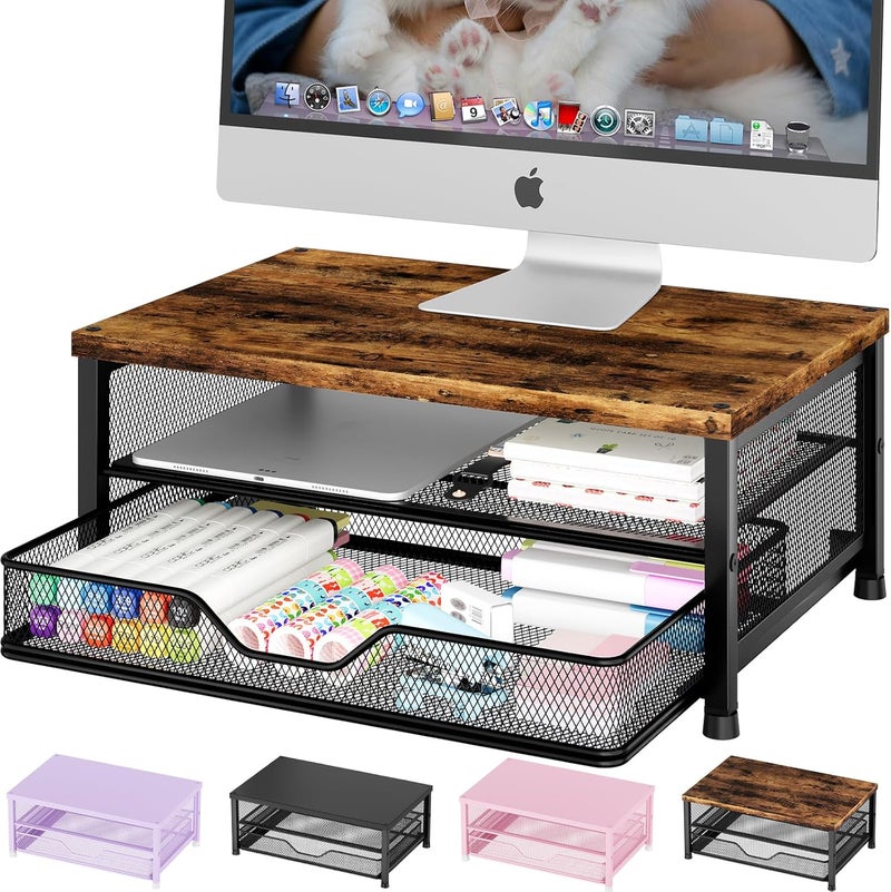 OPNICE Wood Computer Monitor Stand Riser, Desk Organizer with Drawer, Laptop Stand, Office Desk Accessories & Workspace Desktop Organizers Storage for Office Supplies(Brown) - Image 1